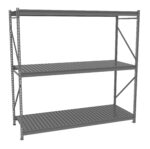 A gray metal storage shelf unit with three slatted shelves. The frame features perforated sides and triangular supports for added stability. The shelves are evenly spaced and appear sturdy, suitable for organizing items in a garage or warehouse.