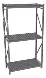 A gray metal shelving unit with three tiers. The shelves have slatted surfaces and are supported by four vertical corner posts with diagonal braces for stability. Suitable for storage or organizing items.