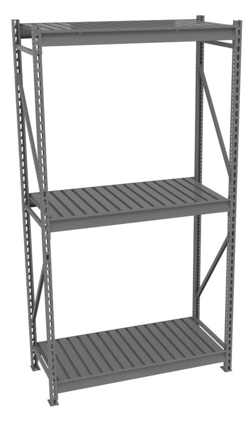 A gray metal shelving unit with three tiers. The shelves have slatted surfaces and are supported by four vertical corner posts with diagonal braces for stability. Suitable for storage or organizing items.