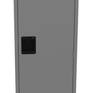 A tall, narrow gray metal locker with a black rectangular handle and small ventilation slits at the top and bottom. It has a simple, utilitarian design and is positioned upright against a plain background.