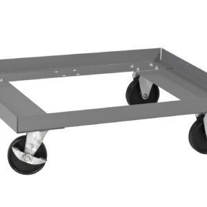 A metal dolly with a square frame and four black swivel casters. The sturdy design allows for easy mobility of heavy items. The dolly is shown on a white background.