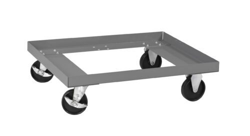 A metal dolly with a square frame and four black swivel casters. The sturdy design allows for easy mobility of heavy items. The dolly is shown on a white background.
