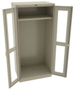 A tall, beige metal cabinet with both doors open, revealing a spacious interior with an adjustable shelf in the upper half. The cabinet features glass panels on the doors and pegboard holes on the sides for versatile storage options.