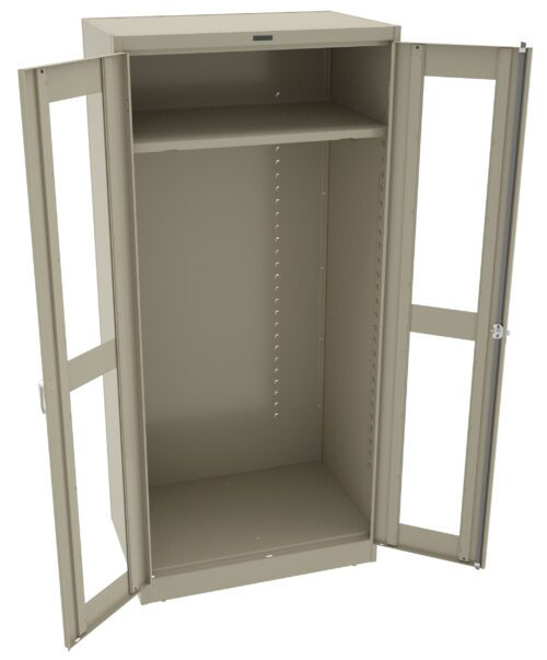 A tall, beige metal cabinet with both doors open, revealing a spacious interior with an adjustable shelf in the upper half. The cabinet features glass panels on the doors and pegboard holes on the sides for versatile storage options.