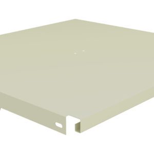 A beige metal panel with a rectangular shape, featuring small holes on its surface. There are bent edges on opposite sides, and a U-shaped metal piece is attached to one side, creating a simple, industrial look.