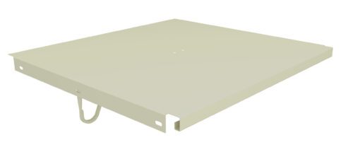 A beige metal panel with a rectangular shape, featuring small holes on its surface. There are bent edges on opposite sides, and a U-shaped metal piece is attached to one side, creating a simple, industrial look.