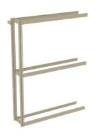A beige, metal shelving unit frame with three horizontal bars and vertical supports. The frame is unassembled, with no shelves attached, and is set against a plain white background.