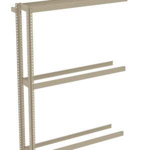 A beige, metal shelving unit frame with three horizontal bars and vertical supports. The frame is unassembled, with no shelves attached, and is set against a plain white background.