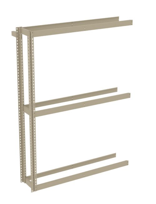 A beige, metal shelving unit frame with three horizontal bars and vertical supports. The frame is unassembled, with no shelves attached, and is set against a plain white background.