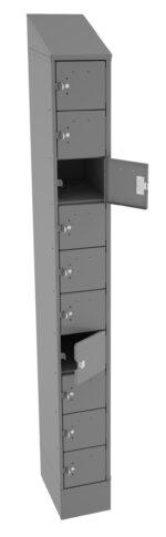 Tall gray metal locker with ten small compartments, each featuring a latch and keyhole. Two compartments are open, revealing empty spaces. The locker is narrow and has a slanted top.
