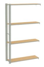 A tall, freestanding shelving unit with five wooden shelves supported by a metal frame. The structure appears sturdy and is suitable for storage or display purposes. The shelves are evenly spaced and have a simple, industrial design.