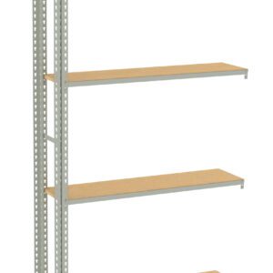 A tall, freestanding shelving unit with five wooden shelves supported by a metal frame. The structure appears sturdy and is suitable for storage or display purposes. The shelves are evenly spaced and have a simple, industrial design.