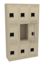 A beige metal locker unit with nine compartments. One middle locker door on the right is open, showing the inside. The locker doors have small rectangular vents and black handles.