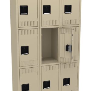 A beige metal locker unit with nine compartments. One middle locker door on the right is open, showing the inside. The locker doors have small rectangular vents and black handles.