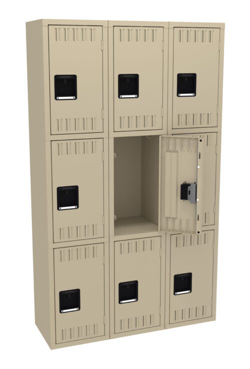 js4slzrvgamshplqciog.jpg A beige metal locker unit with nine compartments. One middle locker door on the right is open, showing the inside. The locker doors have small rectangular vents and black handles.