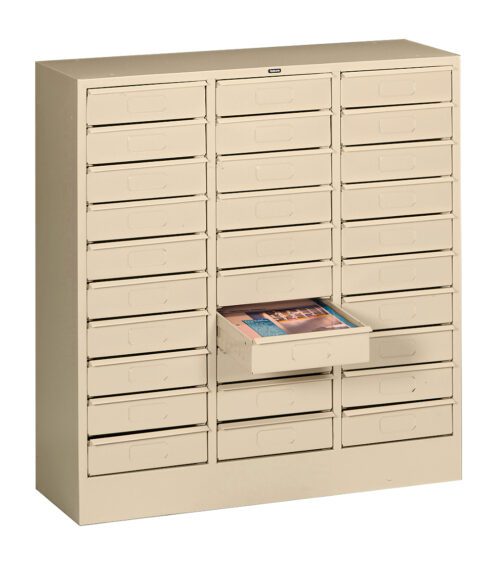 A beige metal storage cabinet with multiple small drawers. One drawer is opened, revealing documents or files inside. The cabinet is designed for organizing and storing papers or small office supplies.