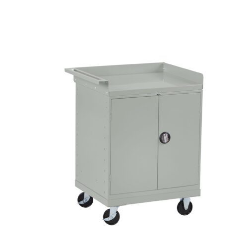 jsndphuwhv7gvwvlf2dd.jpg A gray, wheeled metal storage cart with a flat top and two lockable doors at the front. The cart has four casters, two of which have brakes, and a handle on one side for easy maneuvering.