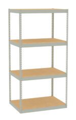 A four-tier metal shelving unit with wooden shelves. The frame is a light grey color, and the shelves are rectangular, providing ample storage space. The simple design is suitable for organizing items in a garage or storage room.
