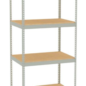 A four-tier metal shelving unit with wooden shelves. The frame is a light grey color, and the shelves are rectangular, providing ample storage space. The simple design is suitable for organizing items in a garage or storage room.