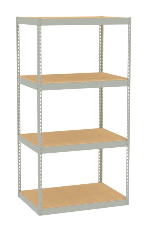 A four-tier metal shelving unit with wooden shelves. The frame is a light grey color, and the shelves are rectangular, providing ample storage space. The simple design is suitable for organizing items in a garage or storage room.