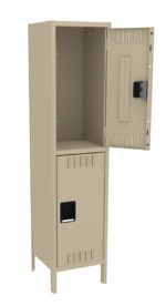 A beige metal locker with two compartments. The top compartment is open, revealing an empty interior. The bottom compartment is closed. The locker has vents and rectangular handles on both compartments.