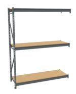 Industrial metal shelving unit with two wooden shelves. The frame is grey metal with perforated beams for adjustable shelving. The shelves are flat and rectangular, designed for storage in a warehouse or garage setting.