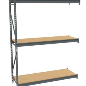 Industrial metal shelving unit with two wooden shelves. The frame is grey metal with perforated beams for adjustable shelving. The shelves are flat and rectangular, designed for storage in a warehouse or garage setting.