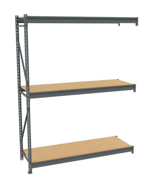 Industrial metal shelving unit with two wooden shelves. The frame is grey metal with perforated beams for adjustable shelving. The shelves are flat and rectangular, designed for storage in a warehouse or garage setting.