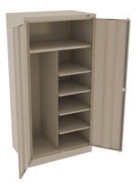 A beige metal storage cabinet with open doors. It features multiple shelves on the right side and a taller, open space on the left. The cabinet is designed for organizing and storing various items efficiently.