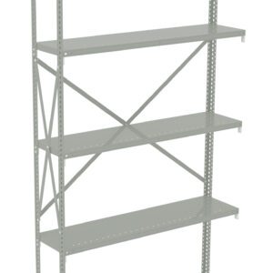 Freestanding metal shelving unit with five adjustable shelves and cross-bracing for stability. The shelves are evenly spaced, designed for storage or organizing items in a home, office, or garage setting.