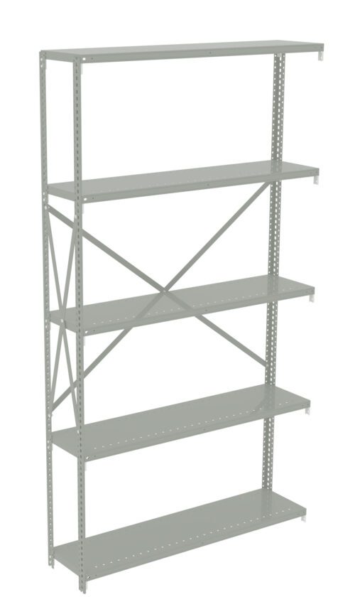 jtwy9a3soxsroa9rqywb.jpg Freestanding metal shelving unit with five adjustable shelves and cross-bracing for stability. The shelves are evenly spaced, designed for storage or organizing items in a home, office, or garage setting.