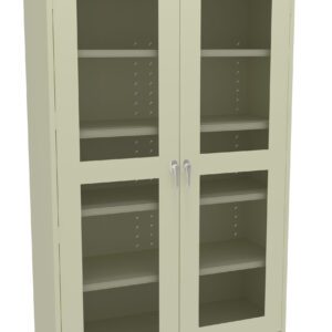 A tall, beige metal cabinet with two glass-paneled doors revealing four adjustable shelves inside. The cabinet has two silver handles and a simple, modern design.