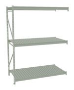 Gray, three-tiered metal shelving unit with a simple, industrial design. The shelves are evenly spaced, with a slatted pattern, supported by a sturdy frame featuring vertical beams with holes for adjustable shelving.