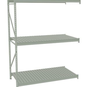 Gray, three-tiered metal shelving unit with a simple, industrial design. The shelves are evenly spaced, with a slatted pattern, supported by a sturdy frame featuring vertical beams with holes for adjustable shelving.