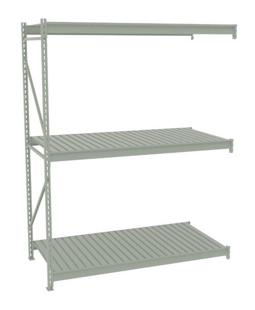 Gray, three-tiered metal shelving unit with a simple, industrial design. The shelves are evenly spaced, with a slatted pattern, supported by a sturdy frame featuring vertical beams with holes for adjustable shelving.