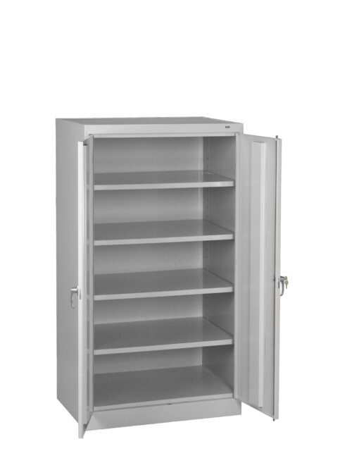 A gray metal storage cabinet with two open doors and five adjustable shelves. The cabinet includes a locking mechanism with keys hanging from the keyholes on each door.