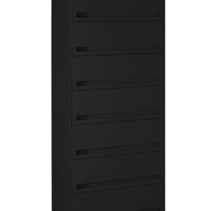 A tall, black, six-drawer filing cabinet with a lock at the top. The cabinet features sleek, modern lines and recessed handles on each drawer.