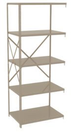 A gray metal shelving unit with five adjustable shelves and cross-bracing on the sides. The minimalist design is suitable for storage in garages, warehouses, or offices.