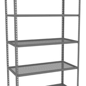 A large, empty metal shelving unit with five wire mesh shelves evenly spaced. The frame and shelves are grey, designed for storage, and viewed at a slight angle showing its depth.