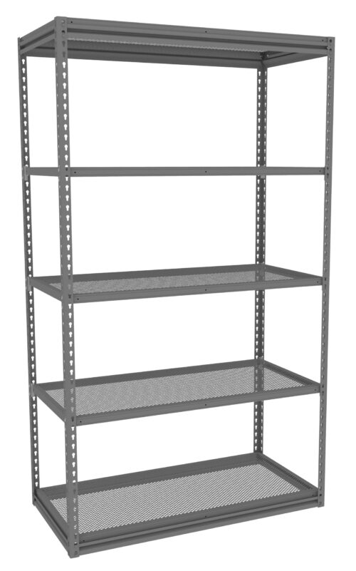 A large, empty metal shelving unit with five wire mesh shelves evenly spaced. The frame and shelves are grey, designed for storage, and viewed at a slight angle showing its depth.