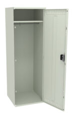 An open, light gray metal locker with a single door, revealing an interior with a clothing rod and a base shelf. The locker has a locking mechanism and is set against a plain white background.