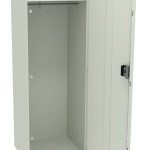 An open, light gray metal locker with a single door, revealing an interior with a clothing rod and a base shelf. The locker has a locking mechanism and is set against a plain white background.