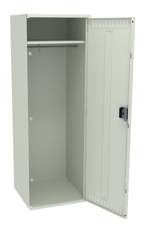 An open, light gray metal locker with a single door, revealing an interior with a clothing rod and a base shelf. The locker has a locking mechanism and is set against a plain white background.