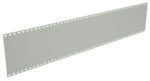 A long strip of pale gray, blank film with evenly spaced perforations along both edges, viewed on a white background.