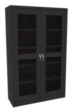 A black storage cabinet with two glass-paneled doors and silver handles. Inside, there are multiple adjustable shelves, visible through the glass. The cabinet is empty and stands against a plain white background.