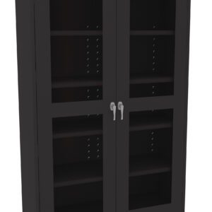 A black storage cabinet with two glass-paneled doors and silver handles. Inside, there are multiple adjustable shelves, visible through the glass. The cabinet is empty and stands against a plain white background.