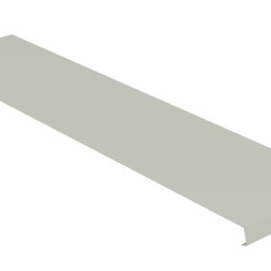 A long, flat, rectangular metal sheet with a small bend along one edge and a hole in one corner, isolated on a white background.