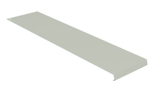 A long, flat, rectangular metal sheet with a small bend along one edge and a hole in one corner, isolated on a white background.