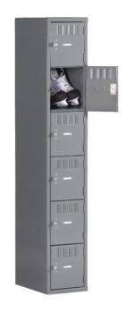 A tall, grey metal locker with six compartments stands upright. The second compartment from the top is open, revealing a pair of black boots inside. The other compartments are closed and have small handles and locks.