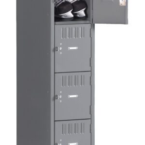 A tall, grey metal locker with six compartments stands upright. The second compartment from the top is open, revealing a pair of black boots inside. The other compartments are closed and have small handles and locks.